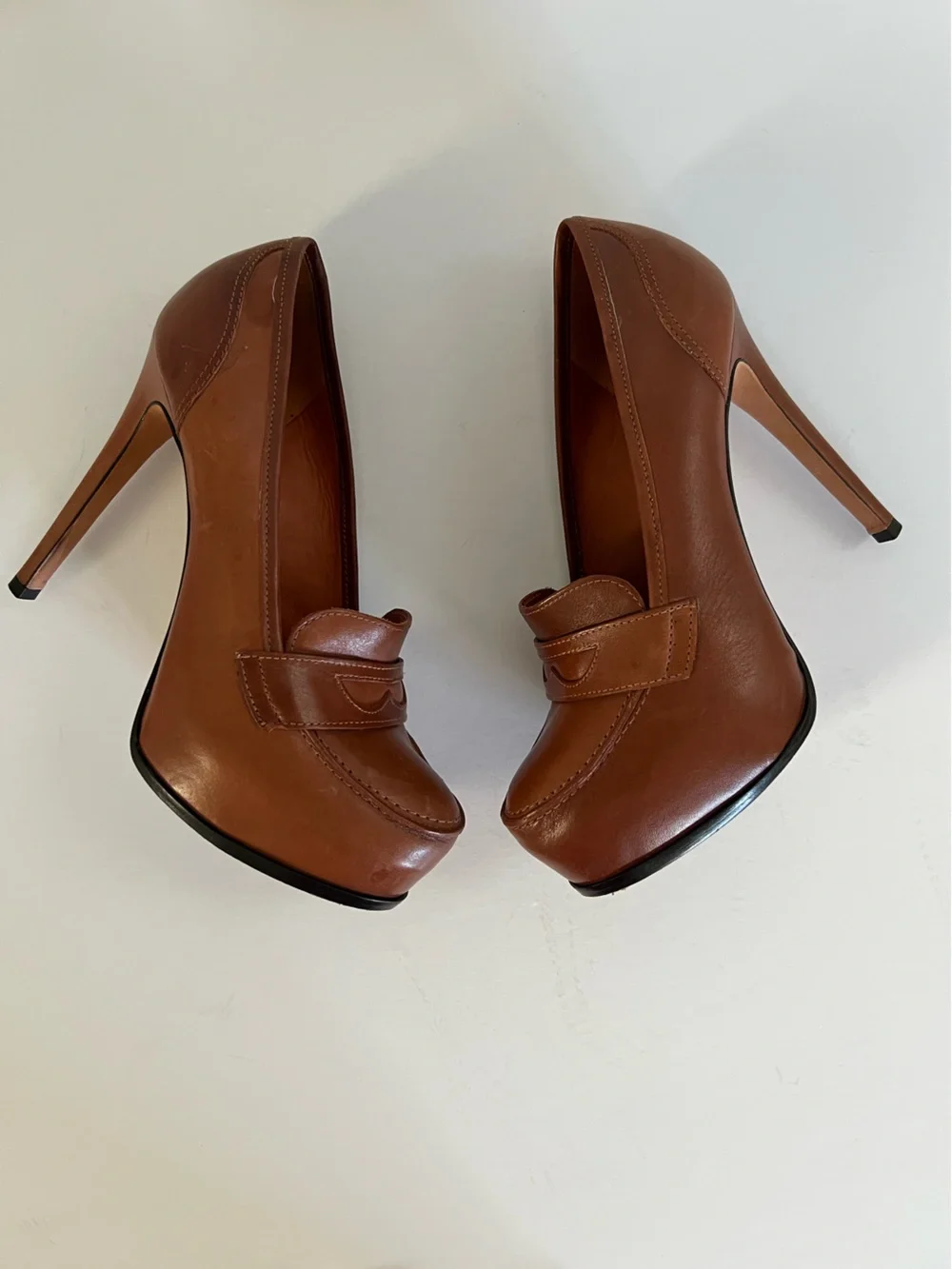 Pour La Victoire Platform Brown Leather Penny Loafer Pumps Size 7.5
